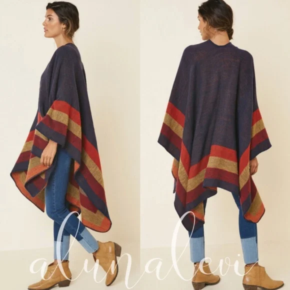 037 Cozy Color Block Shawl Wrap Poncho - Picture 2 of 2